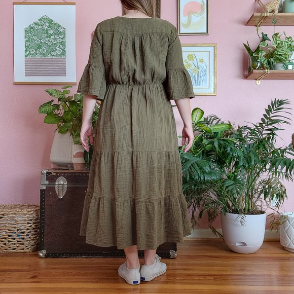 Chelsea and Theodore Moss Green 100% Cotton Double Gauze Midi Dress Size L - Picture 5 of 17